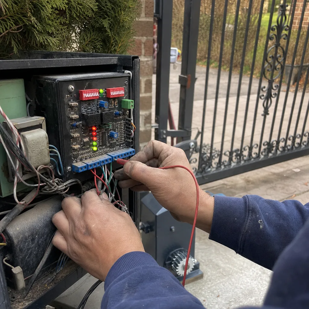 Technician performing professional electric gate repair and maintenance on control board