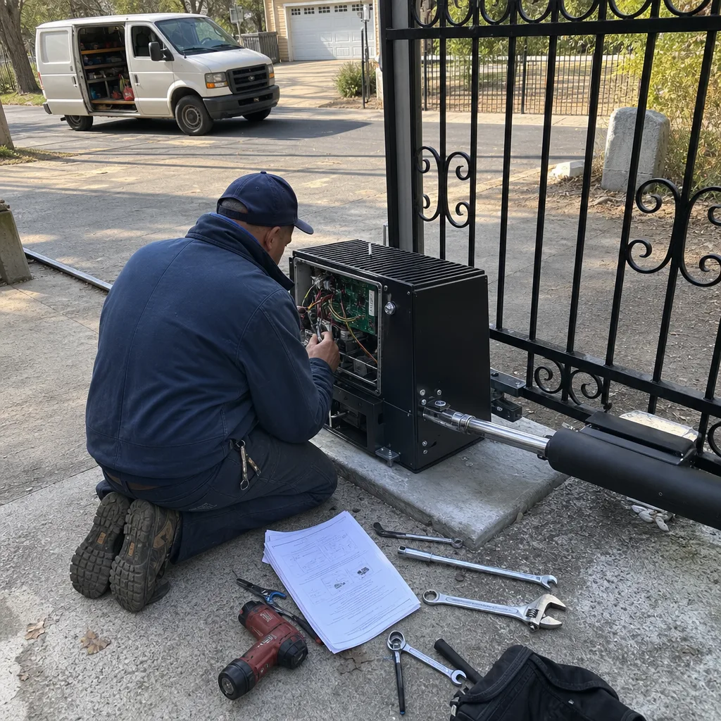 Technician performing professional electric gate repair on an outdoor control panel