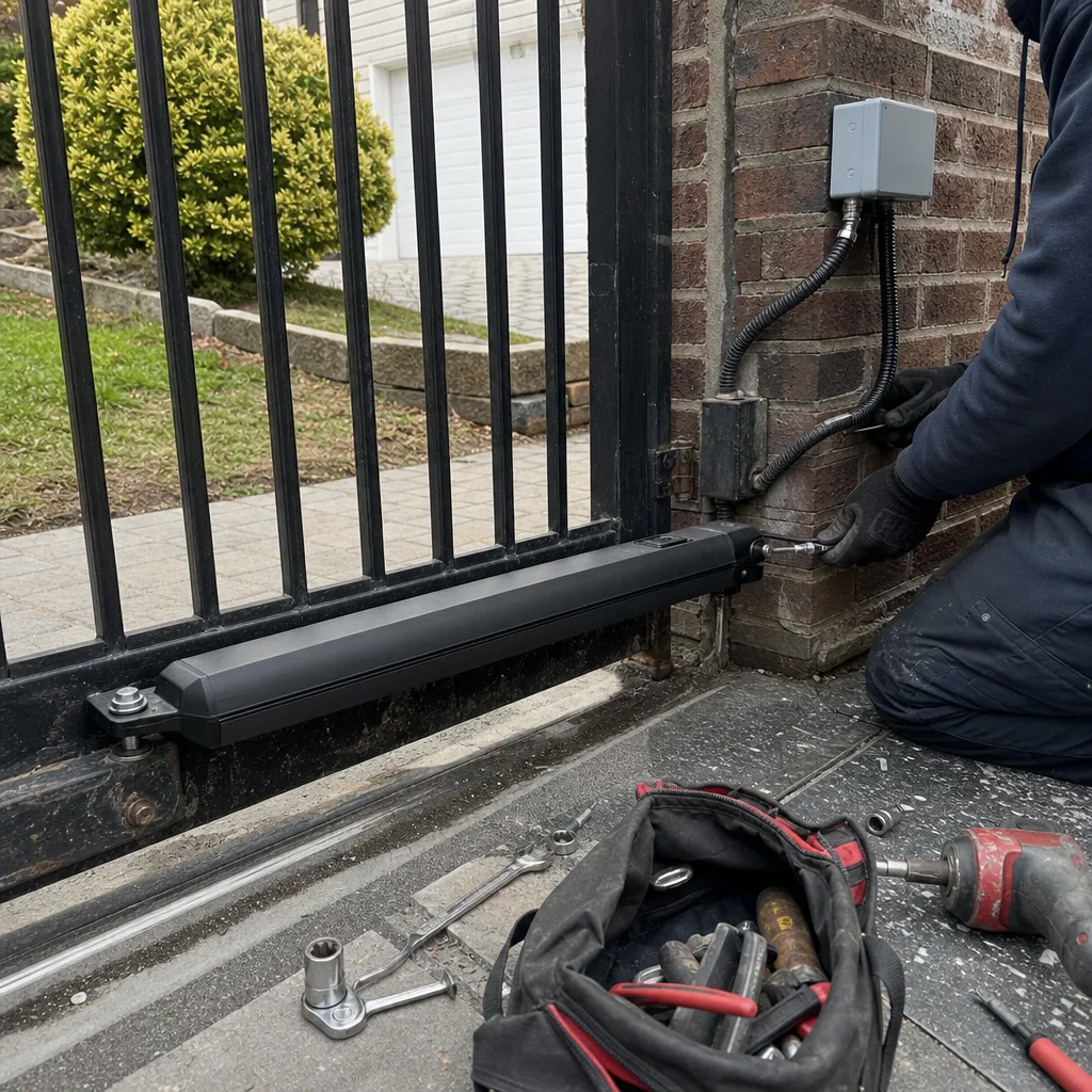 Technician performing professional electric gate repair and maintenance on metal gate.