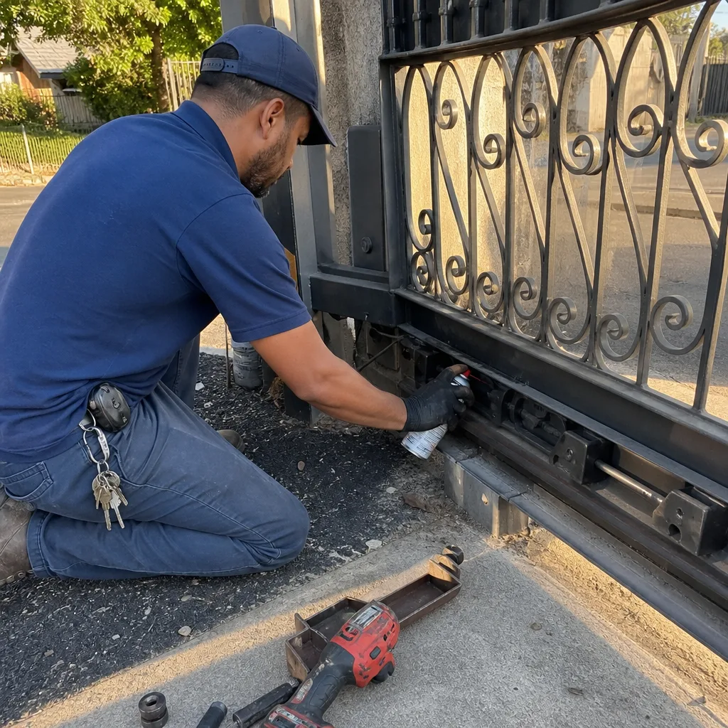 Technician performing professional gate opener repair and maintenance