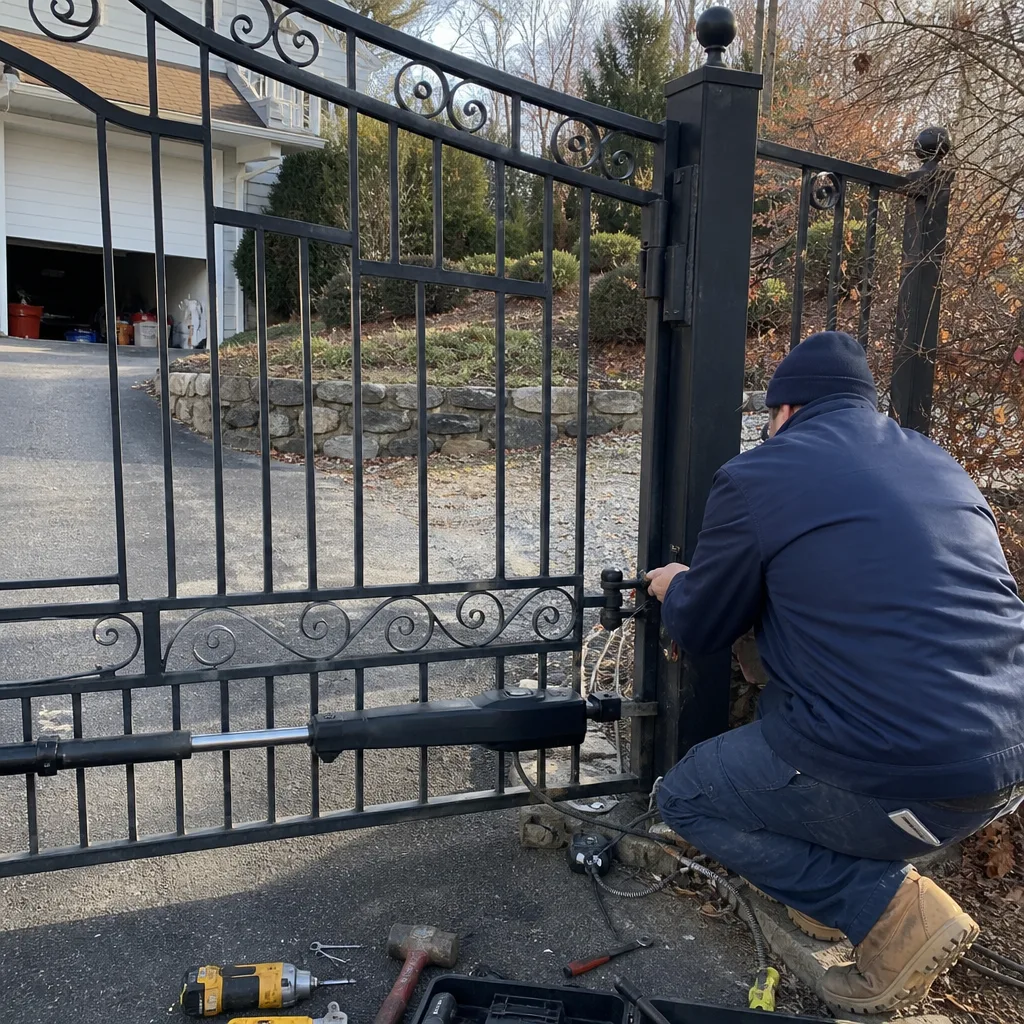 Technician performing professional driveway gate opener repair on a metal gate