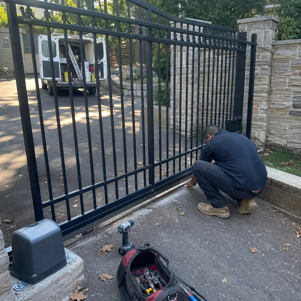 Technician performing professional automatic sliding gate opener repair and maintenance.